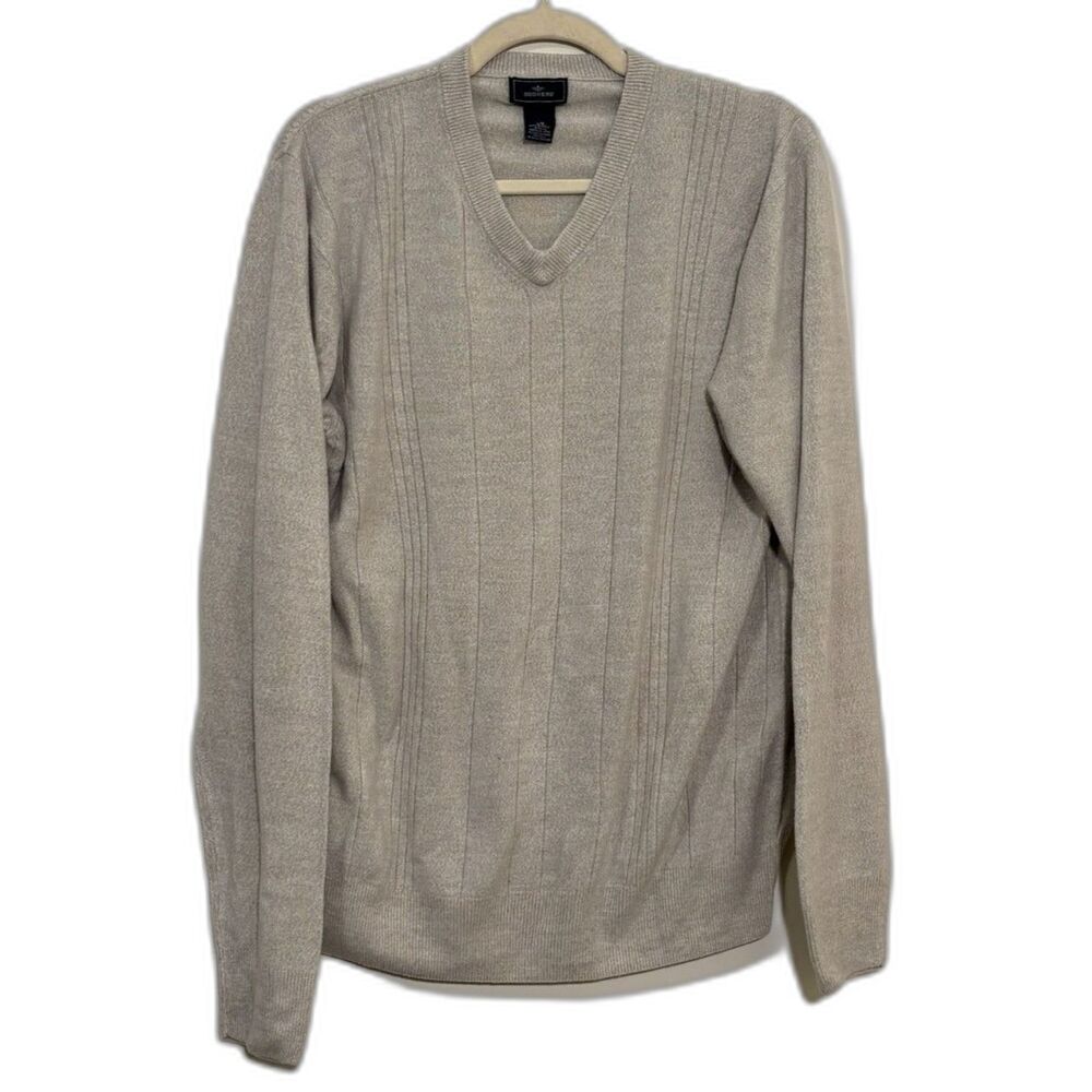 Dockers V-Neck Pullover Sweater Oatmeal Heather Ribbed Stripe Long Sleeve Mens L